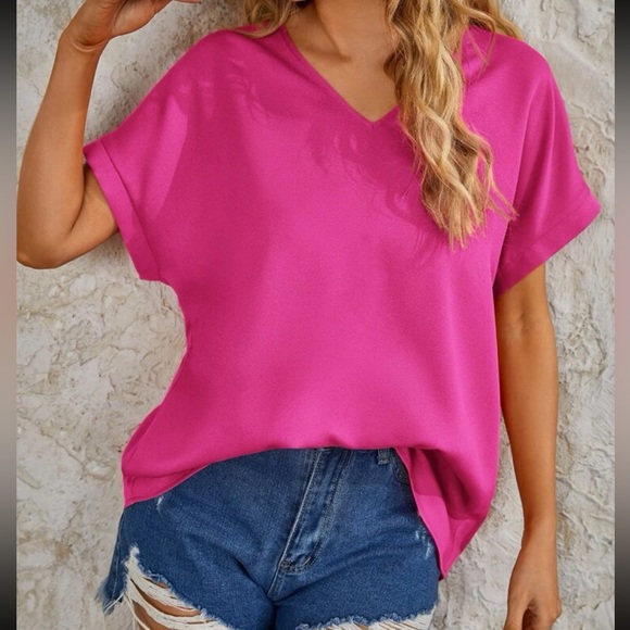 Boho hot pink V neck batwing sleeve blouse
